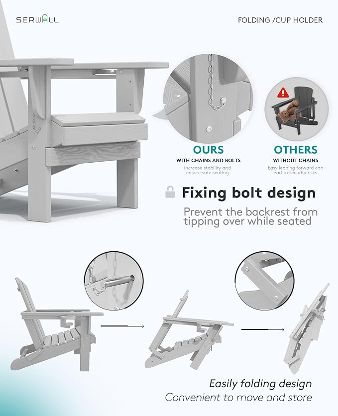 SERWALL Adirondack Chair with Cup Holders - Composite Adirondack Chairs Set of 2 HDPE Outdoor Chairs All Weather Use- Silver Gray