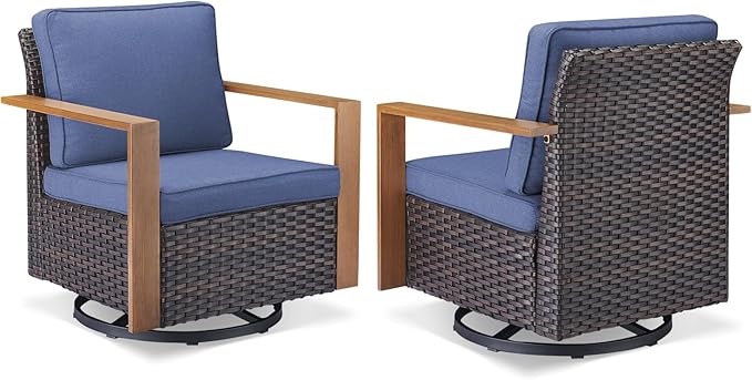 Rilyson Outdoor Wicker Patio Furniture Set - 5 Piece Patio Conversation Set with 2 Wicker Swivel Rocker Chairs,2 Rattan Ottoman and 1 Couch,Thick Cushions,Deep Seating,Wide Armrest(Brown/Blue)