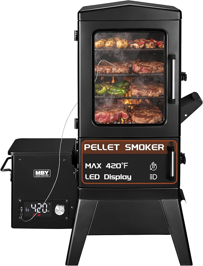 Wood Pellet Smoker with Rainproof Cover, Vertical Electric Pellet Smoker Grill With Hook Meat Probe LED Display Temperature Control