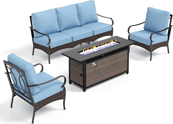 Patio Furniture Set with 56" Fire Pit Table, Premium Outdoor Wicker Metal Frame Furniture with Upgraded Waterproof Thick Cushions for Porch, Poolside, Deck, and Yard （4 Pieces,Blue）