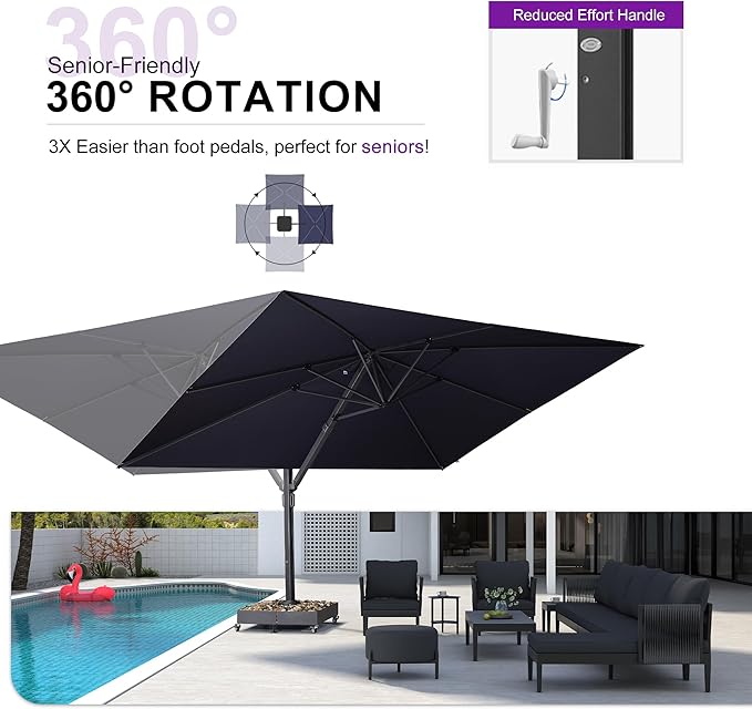 PURPLE LEAF 11' X 15' Rectangle Patio Umbrella Large Cantilever Outdoor Aluminum Offset Umbrella with 360° Rotation Cantilever Umbrella with Base Included for Garden Deck Backyard Pool Navy Blue