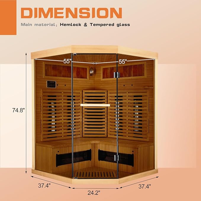 3-4 Person Infrared Home Sauna-Corner Sauna Spa Room w/Himalayan Salt Therapy & Starry Sky Spa,Canadian Hemlock, Tempered Glass (220V, ETL Certified)