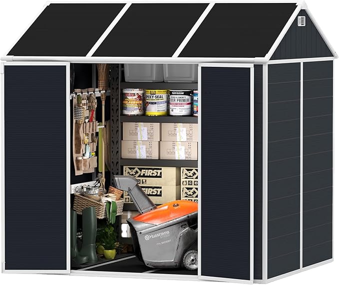 Outdoor Storage Shed 7.5x7 FT, Resin Shed with Floor & Window, Lockable Door, Vents, Outside Sheds & Garden Shed for Patio Furniture, Gardening Tools, Pool Equipment (Dark Gray, 7.5 * 7ft)