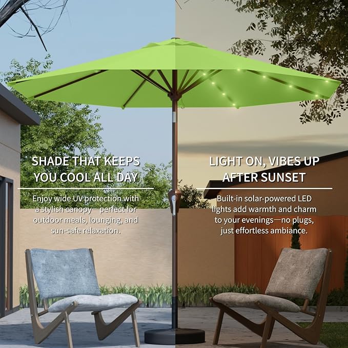 9FT Solar Umbrella 32 LED Lighted Patio Umbrella Table Market Umbrella w/Tilt and Crank, UV-Resistant Outdoor Umbrella for Pool, Garden, Deck, Apple Green