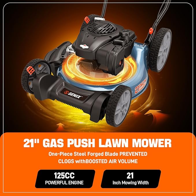 SENIX LSPG-M4 21-Inch Gas Push Lawn Mower with 125 cc 4-Cycle Briggs & Stratton Engine, Mulching and Side Discharge, 6-Position Dual Lever Height Adjustment