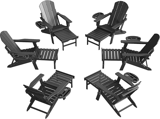 Adjustable Adirondack Chair with Retractable Ottoman Set of 6, HDPE Folding Adirondack Chair with Cup Holder, All Weather Fire Pit Chair for Outdoor.