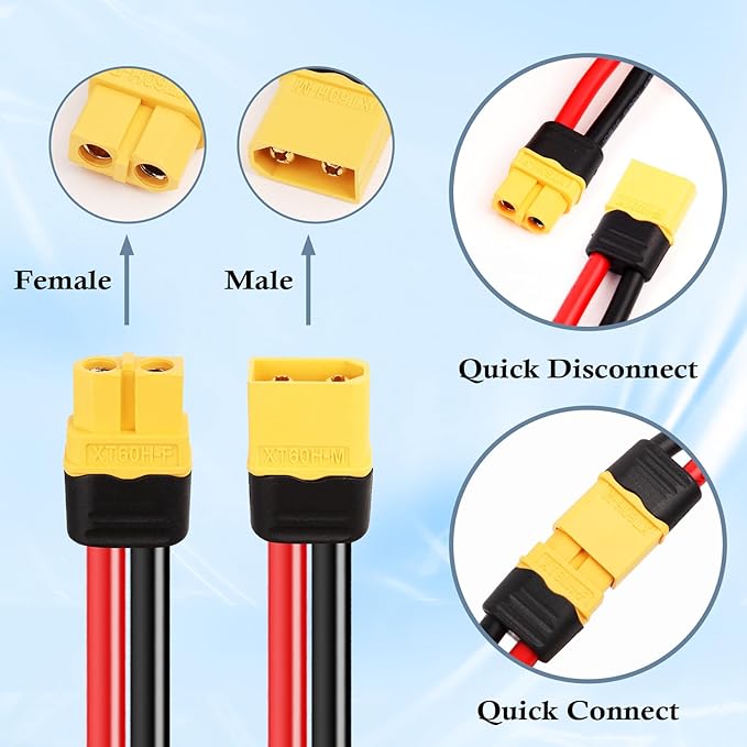 2PCS XT60 Extension Cable 10AWG 1FT XT60 to XT60 Cable with Male to Female Connector for Portable Power Station Solar Panel RC Battery