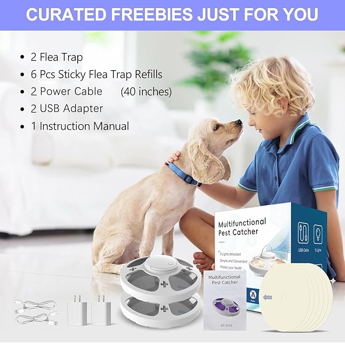 2 Packs Flea Traps for Inside Your Home with 6 Sticky Pads and USB Cable, Flea Light Traps for Home, Hanging Pest Control Device for Bugs Moths Gnats, Effective Indoor Outdoor