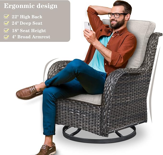 Belord 5 Piece Outdoor Patio Furniture Set - Wicker Furniture Patio Conversation Set, Outdoor Swivel Rocker Chairs with Loveseat Sofa and 2 Ottomans for Small Space, Beige Cushion
