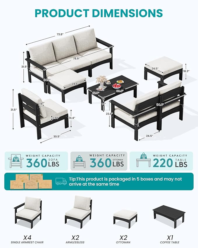 SERWALL 9 Pieces Patio Furniture Set with 15FT Double Side Patio Umbrella, HDPE Outdoor Sectional Sofas, Outdoor Couch Set, Large Modular Conversation Set for Garden, Black Frame with Khaki Cushion
