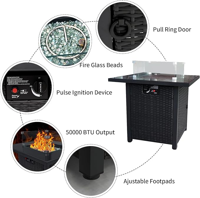 Fire Pit Table 28" Wicker &Rattan Square Propane Outdoor Fire Pit with Lid, Glass Wind Guard, CSA Listed, 50,000BTU, Gas Fire Pit Table for Patio Garden Backyard Deck (Black)
