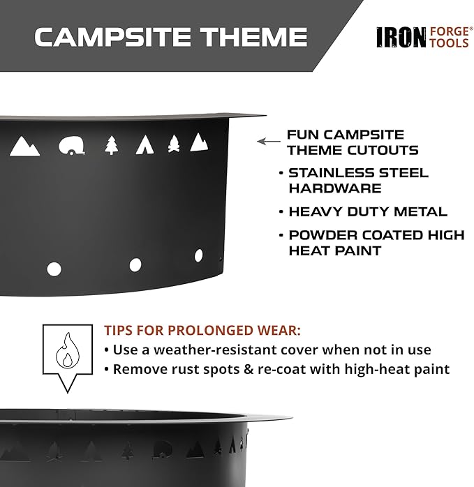 Iron Forge Tools Fire Pit Ring 36 Inch Outer/30 Inch Inner - Outdoor Heavy Duty Metal Round Smokeless Permanent Fire Ring Insert Liner (36x30x10)