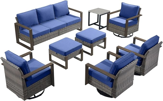 Rilyson Outdoor Wicker Patio Furniture Set - 8 Piece Patio Conversation Set with 4 Wicker Swivel Rocker Chairs,2 Rattan Ottoman 1 Side Table and 1 Couch,Thick Cushions,Deep Seating(Mixed Grey/Blue)