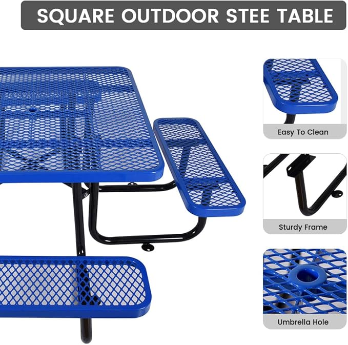 KUFUH 46" Square Metal Picnic Table for 4-8 Person, Durable Heavy Duty Commercial Picnic Table with Umbrella Hole for Outdoor Coffee Shop, School, Hospital, Easy to Install, Blue