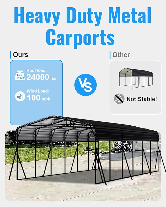 20x30FT Metal Carport, Heavy Duty Car Port Canopy with Metal Roof and Frame, Extra Large Carports Withstand Strong Wind or Heavy Rain, Suitable for Parking Pickup, Boat, Car, and Tractor