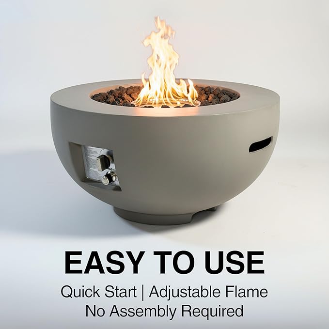 28-inch Round Fire Pit Table with Propane Tank Table,Set-2-Piece,Light Concrete Fire Pit Bowl with Free Lava Rocks, Rain Cover and Burner Lid, for Outside Patio, Garden, Deck, Light Grey