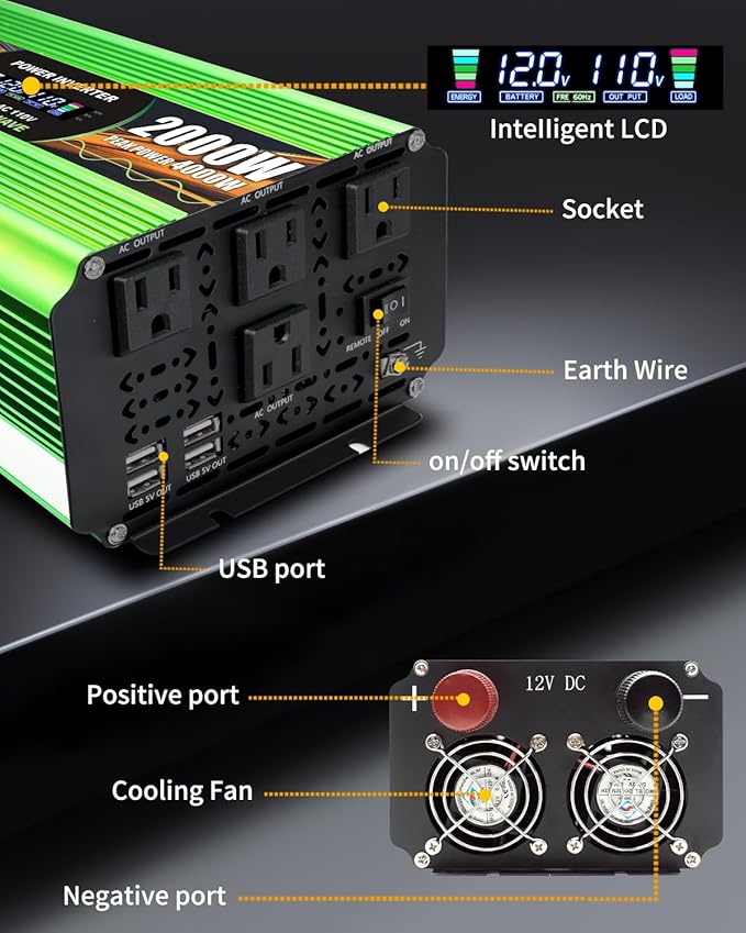 2000W Pure Sine Wave Power Inverters, LVYUAN 4000W Peak Power 12V DC to AC 120V Power Converter for RV, Truck, Outdoor, Remote Control Quadruple AC Outlets and USB Ports Inverter with LCD Display
