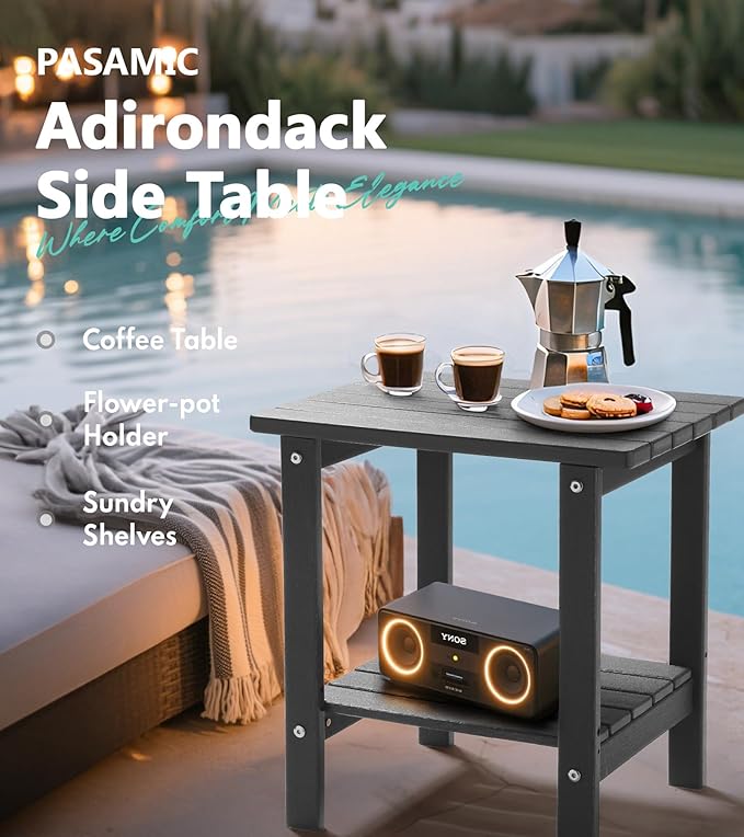 PASAMIC 2-Tier Adirondack Square Outdoor Side Table, HDPE Small Outdoor Table, Patio End Table for Patio, Pool, Backyard, Weather-Resistant (Grey)
