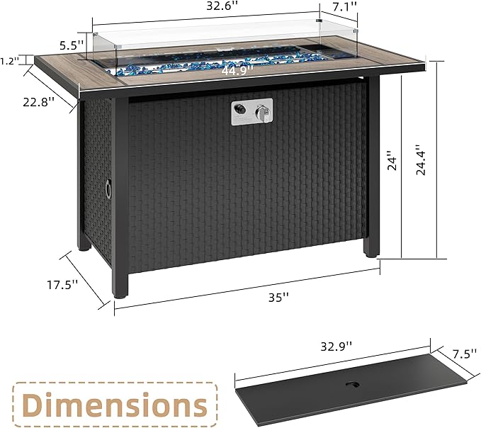 JAMFLY Propane Fire Pit Table 45 Inch, 50,000 BTU Outdoor Gas Firepit Table for Outside Patio with Glass Wind Guard, Blue Glass Rocks,Waterproof Cover, Black/Walnut Wood