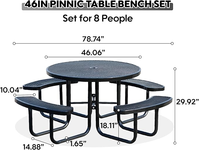 Sunnibety 8-Person Picnic Tables for Outdoors, Industrial 46" Expanded Metal Round Picnic Table with 4 Benches & Umbrella Hole, Outside Table and Bench Set for Park, Garden, Backyard, Patio, Black