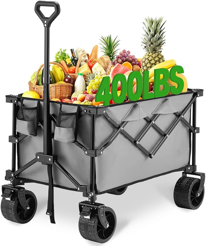 Bezseller Collapsible Wagon 400 lbs, Wagons Carts Foldable, Beach Carts with Big Wheels for Sand, Utility Folding Cart with All-Terrain Wheels, for Grocery, Sports, Shopping and Camping, Grey