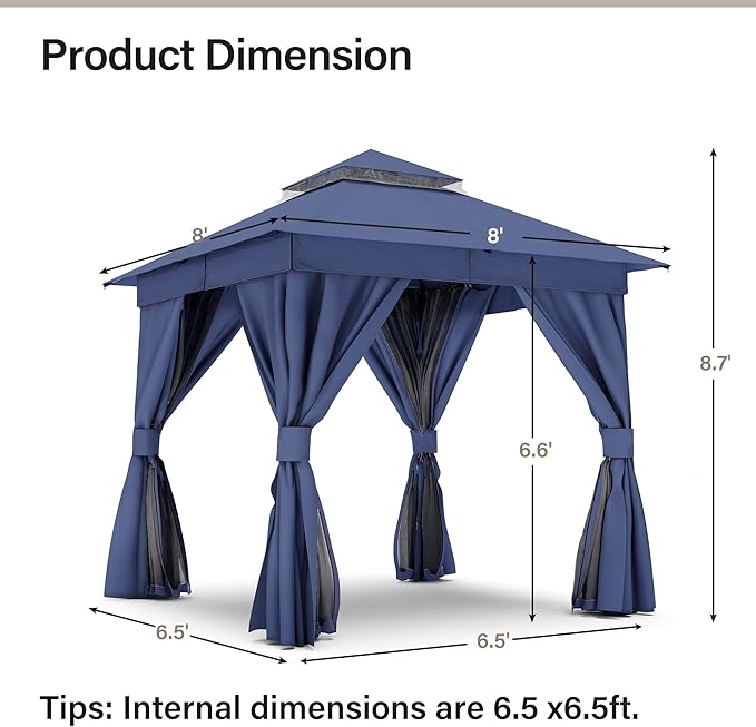 LAUSAINT HOME Gazebo 8x8ft, Heavy Duty Patio Gazebo with Expansion Bolts, Party Canopy Tent with Double Roofs, Mosquito Nettings and Privacy Screens for Backyard, Garden, Lawn, Navy Blue
