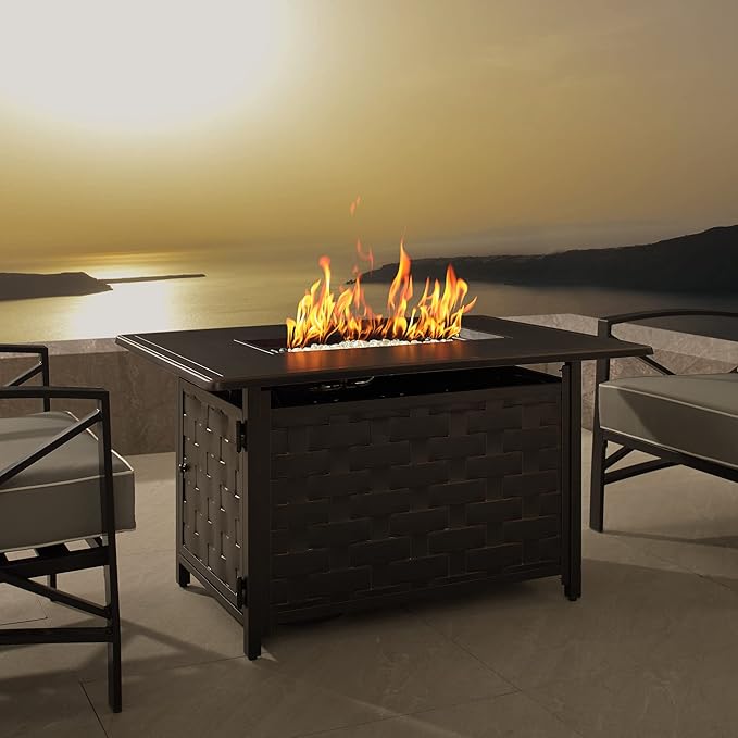 Fire Sense 63700 Preston Basketweave Aluminum Convertible Gas Fire Pit Table 45,000 BTU Multifunctional Outdoor Firepit with Fire Bowl Lid Nylon Cover Clear Fire Glass Bronze Finish - Rectangular 44"