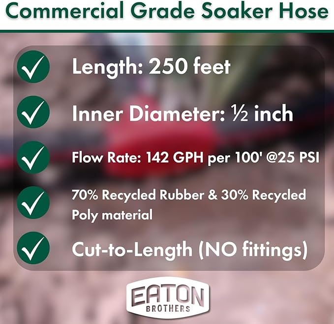 Eaton Brothers Bulk Soaker Hose 1/2-Inch x 250 ft – Heavy-Duty Recycled Rubber Soaker Hose – Custom-Length Garden Watering System for Lawns, Shrubs, and Vegetable Gardens