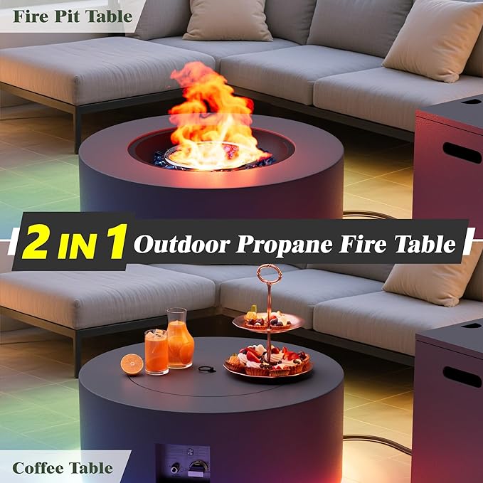 Dineli 2-Piece Outdoor Propane Fire Pit Table Set w Tank Table 30'' Round Fire Pit Table 2-in-1 Firepit Table for Outside Patio Gas Fire Pit w LED, 50,000 BTU, Dark Gray with RGB Light