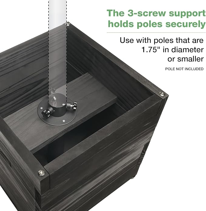 Extra Large Decorative Wooden Planter w/ Universal Pole Support for String Light Poles, Umbrellas, Bird Feeders. Solid Wood Outdoor Garden Box for Plants(Does not include Pole), 17"x17"x18", Black
