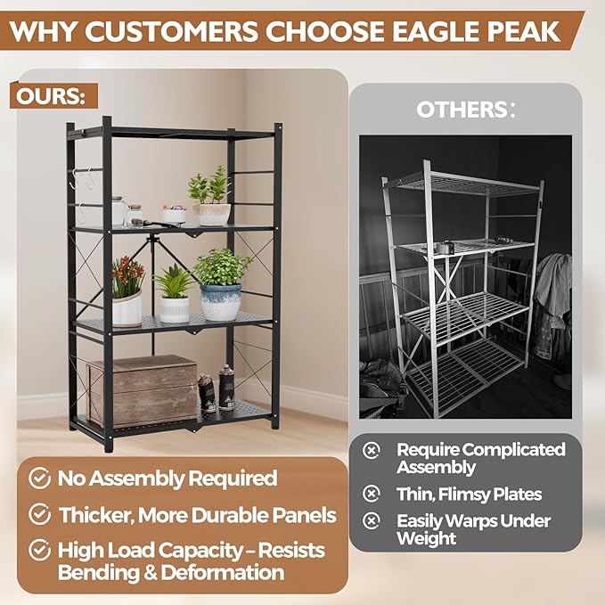 EAGLE PEAK 4-Tier Foldable Greenhouse Shelf, Heavy Duty Metal Storage Rack, No Assembly Steel Shelving Unit, Plant Stand for Greenhouse and Multi-Use Storage, 28”x14.6”x44.7”, 520 lbs, 1 Pack, Black