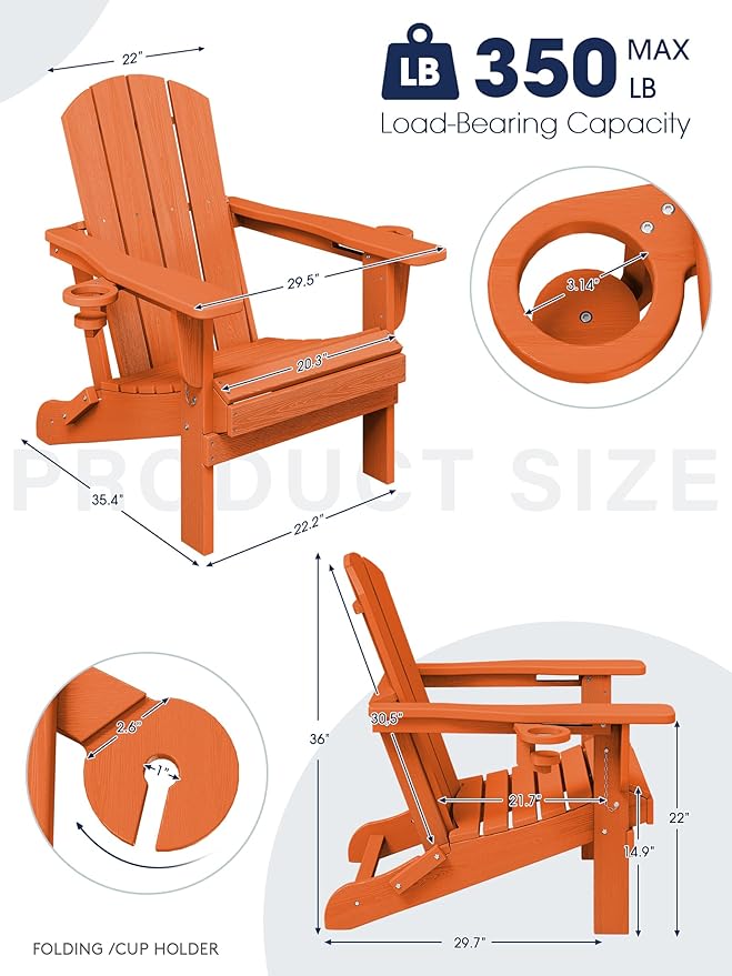 KINGYES Folding Adirondack Chair Set of 4, Dual Cup Holders & All-Weather HDPE, Wood-Like Patio Chair for Backyard, Camping, Pool & Fire Pit, Orange