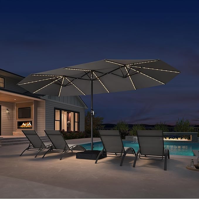 PURPLE LEAF 15ft Patio Market Umbrella with Solar LED and Base Double-Sided Rectangle Outdoor Table Sun Umbrellas with Crank for Pool Beach Deck Backyard Light Gray