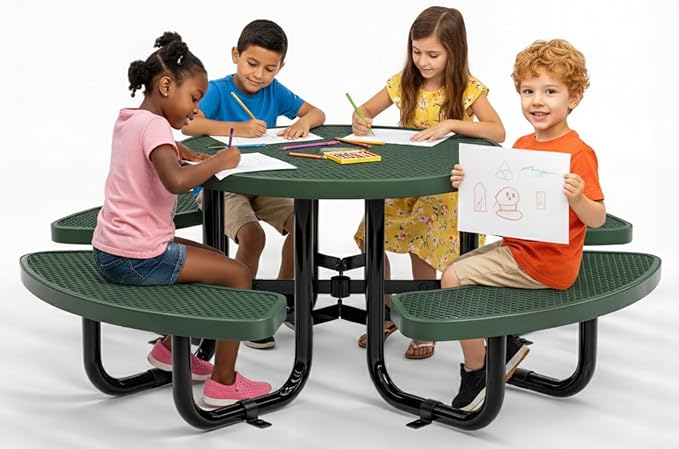 OUTTANS Round Metal Picnic Tables for Kids for Outdoors with Umbrella Hole, Adjustable Seats for School, Park, Playground (Green, 38 in, Kids, Expanded Steel)