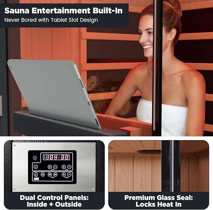 2-Person Full Spectrum Sauna, 1990W 120V with Red Light Therapy, 2 Speakers, Indoor Dry Sauna for Home & Gym, Canadian Hemlock Wood