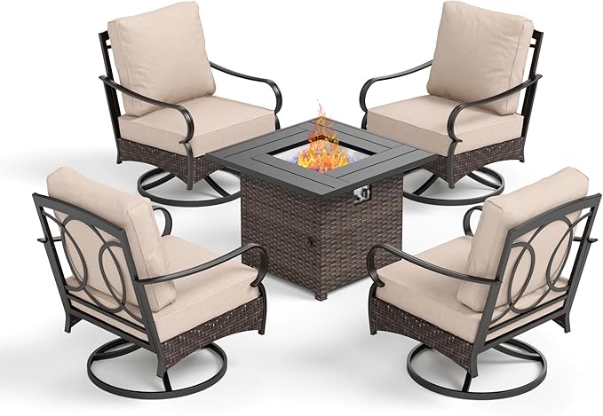 Patio Furniture Set with 32" Fire Pit Table, Patio Conversation Sets 4 Swivel Chairs with Thick Cushion and 50000 BTU Fire Pit Table (5 Pieces,Beige)