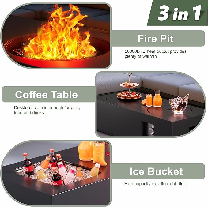 Dineli 2-Piece Outdoor Propane Fire Pit Table Set w Tank Table 48'' Rectangular Firepit w Ice Bucket Gas Fire Pits for Outside Patio Tabletop Fire Pits, 50,000 BTU, Black