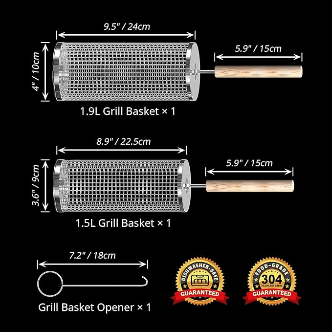 Rolling Grill Basket, Removable Wooden Handle, 304 Stainless Steel, Nesting BBQ Tools, Smoker Grilling Accessories for Vegetable, Outdoor Cooking Camping, Birthday Gifts for Men Dad Husband