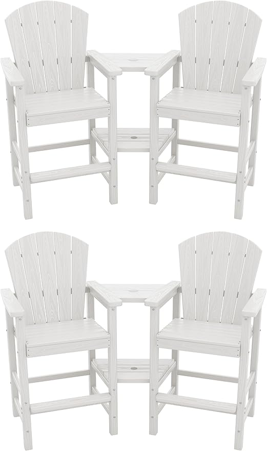SERWALL Tall Adirondack Chairs Set of 4 with Double Layer Connecting Tray, HDPE Bar Height Outdoor Chairs, Wood-Like Adirondack Bar Stools for Patio, Balcony, Porch, White