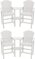 SERWALL Tall Adirondack Chairs Set of 4 with Double Layer Connecting Tray, HDPE Bar Height Outdoor Chairs, Wood-Like Adirondack Bar Stools for Patio, Balcony, Porch, White