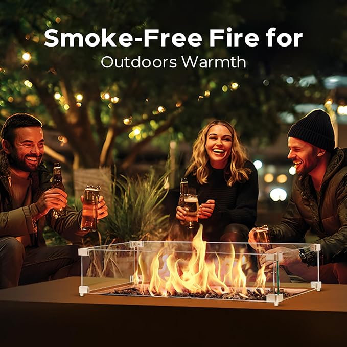 60 Inch Outdoor Propane Fire Pit Table with Wind Guard, 50,000 BTU Natural Gas Firepit for Outside Patio Rectangular Concrete Fire Table with Steel Lid, Lava Rock, Rain Cover