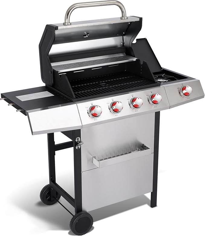 4 Burner Propane Gas Grill Combo w/Side Burner, 3-in-1 BBQ Grill with Charcoal Smoker & Griddle Plate, 46,650 BTU, 448 Sq.In. Stainless Steel Outdoor Cooking Station