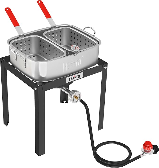 18 QT Propane Fish Fryer with 2 Inner Baskets, Outdoor Aluminum Deep Fryer Seafood Pot and Basket for Frying Fish, Chicken Wings, French Fries, 40,000 BTUs Burner, Silver & Black