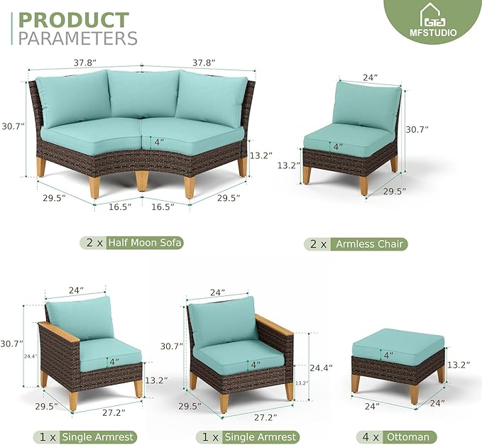 MFSTUDIO 12 Pieces Wicker Patio Furniture Set, All-Weather Rattan Outdoor Half-Moon Curved Sectional Sofa Set, 4 x Curved Sofa, 2 x Armless Couch, 4 x Ottomans, 2 x Corner Chair(Aqua Blue Cushion)