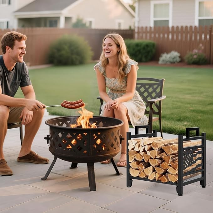 INNO STAGE Firewood Log Rack, Iron Wood Lumber Storage Holder for Fireplace, Heavy Duty Log Storage Bin for Firepit Stove Accessories Indoor - Perfect Construction - No Any Screw to Install