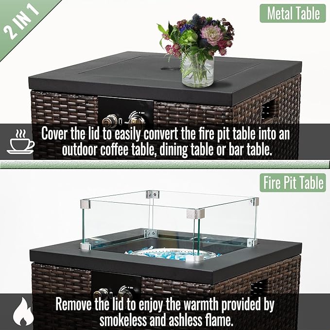 GDFStudio 22" Outdoor Propane Gas Fire Pit Table, 40,000 BTU Square Patio Heater with Wicker Base, Glass Wind Guard & Rain Cover, Small Outdoor Firepit for Garden Deck Backyard, Dark Brown