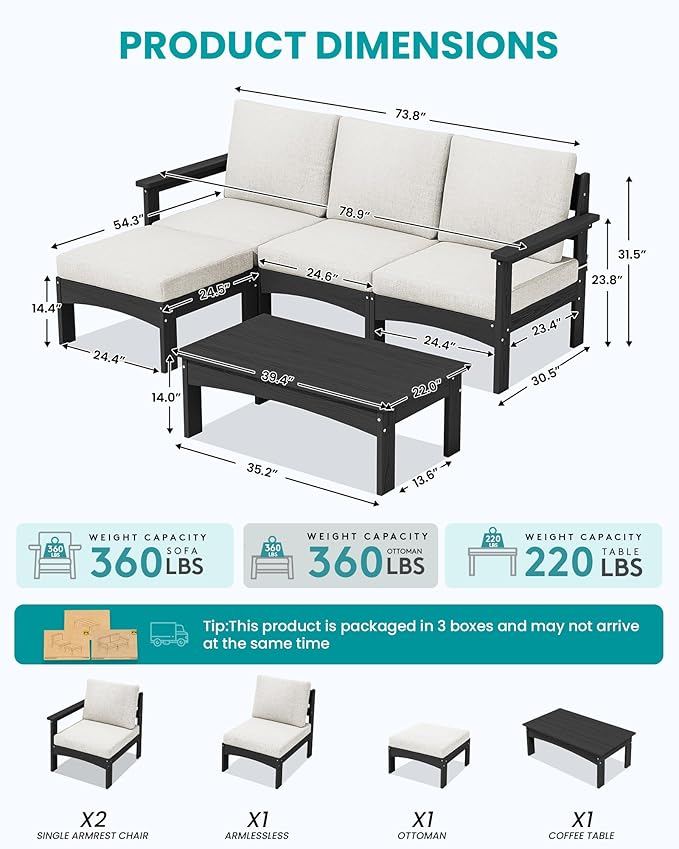 SERWALL 5-Piece Patio Sofas, All-Weather HDPE Outdoor Sectional Sofa with Cushions and Coffee Table, Large Modular Patio Conversation Set for Garden, Lawn, Deck, Porch, Black Frame with Khaki Cushion