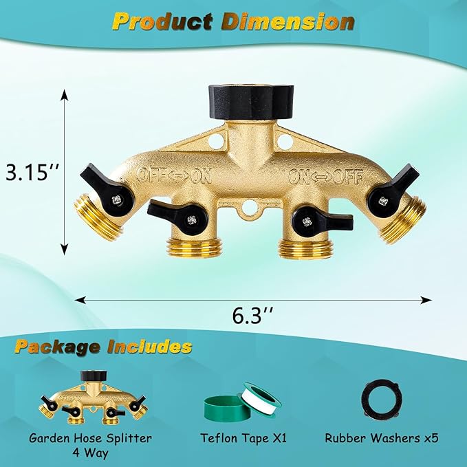 Dalmbox Garden Hose Splitter 4 Way, Water Hose Splitter, 3/4" Heavy-Duty Brass Garden Hose Splitter, Includes 5 Rubber Washers & Teflon Tape(1 pack)