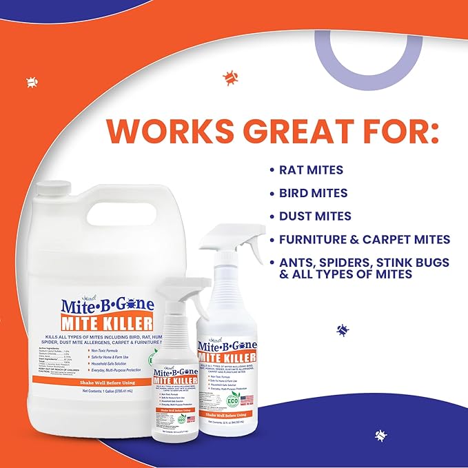 Mite Killer Spray by Mite-B-Gone — Kills Human Mites, Bird, Dust, Spider, Rat, Turkey, Carpet Mites. Treatment for Homes, Furniture, Bedding, Auto & Animals | Non-Toxic | Kid & Pet Safe | 16oz Spray