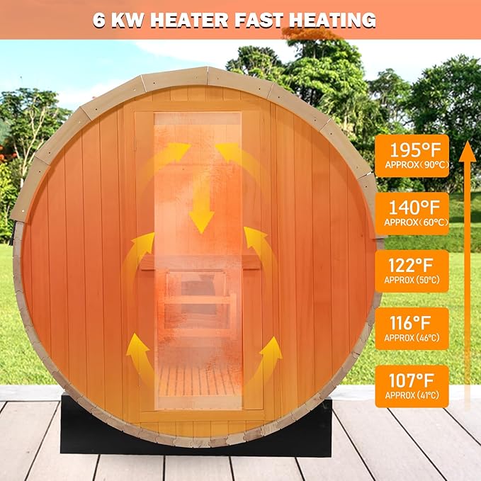 Smartmak Outdoor Wood Barrel Sauna Room, 6 Person Canadian Hemlock Traditional Wooden Steam Saunas with Canopy, 220V Steam Spa with 6kw Heater, Rocks, Water Bucket, Spoon, Light,195℉